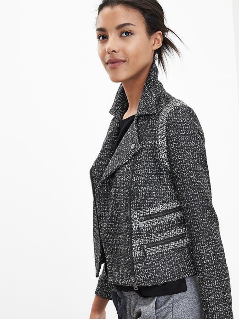 Banana Republic‎ Gray Tweed Asymmetrical Zip Moto Jacket Size 0